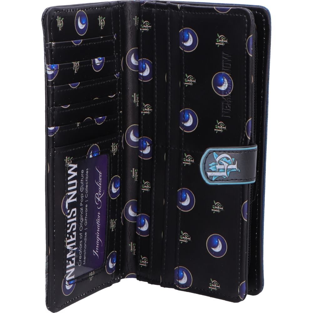 Black wallet with blue and white designs on a white background