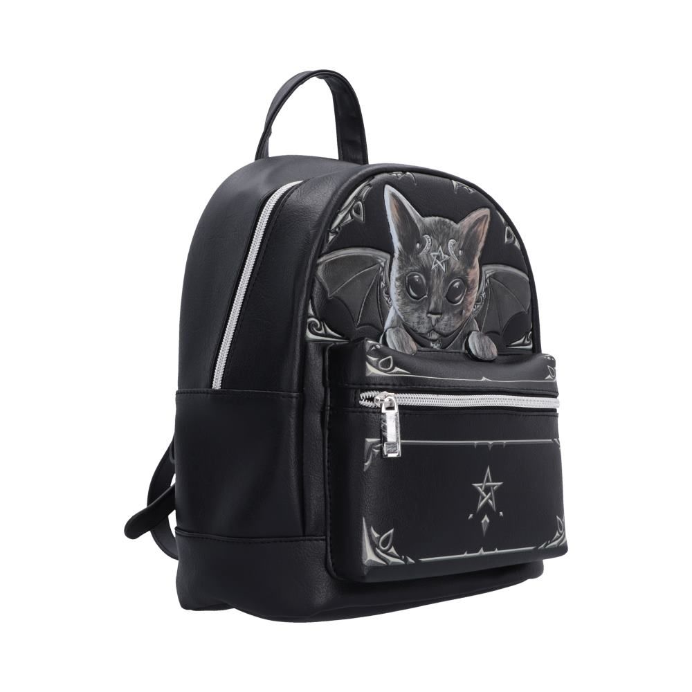 Angled view of Cult Cuties Malpuss black backpack