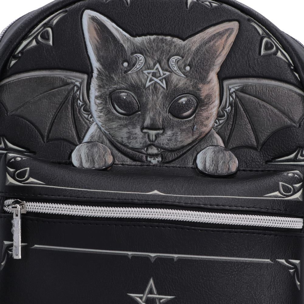 Close-up of winged black cat design on Malpuss backpack