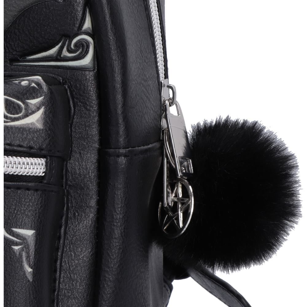 Close-up of Malpuss backpack zip and gothic detailing