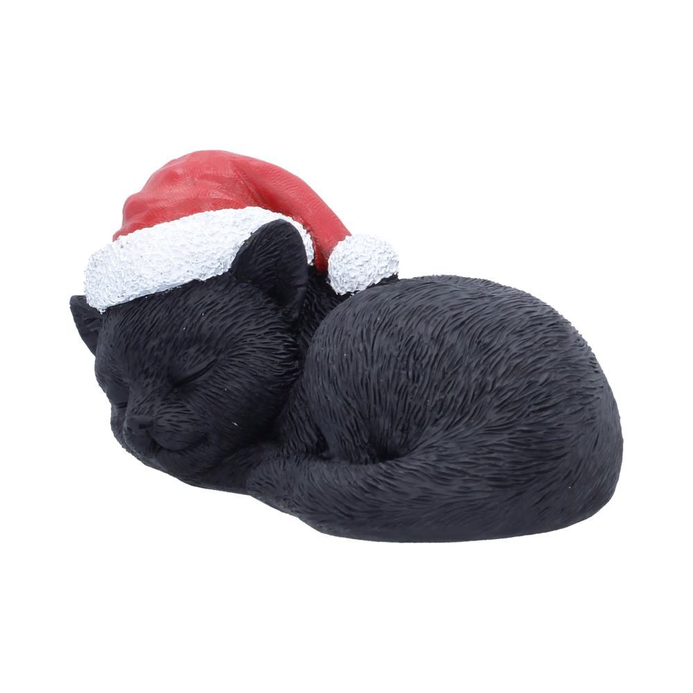 Sleeping black cat Christmas figurine wearing a Santa hat