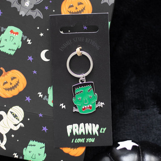 Frankenstein green monster keyring on spooky Halloween backing card