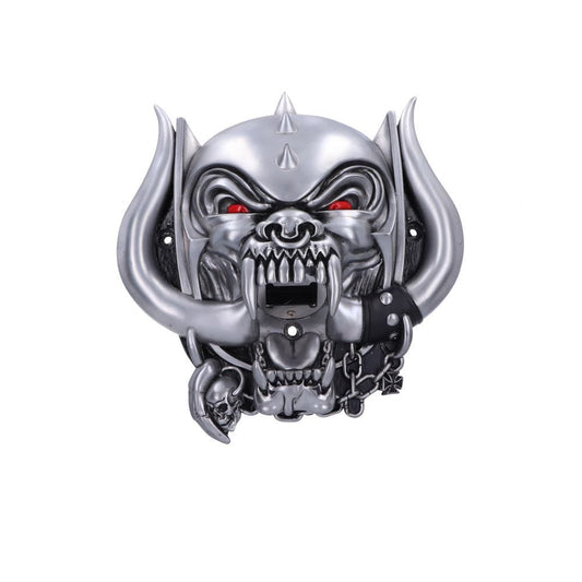 A bottle opener featuring the Motorhead war pig mascot with a metallic finish and red eyes.