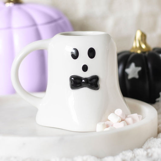 Mr Boo white ghost shaped mug with black bow tie