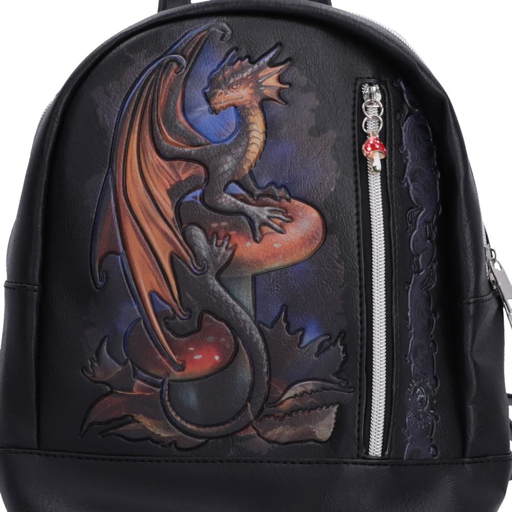 Close-up of Anne Stokes dragon artwork on black backpack