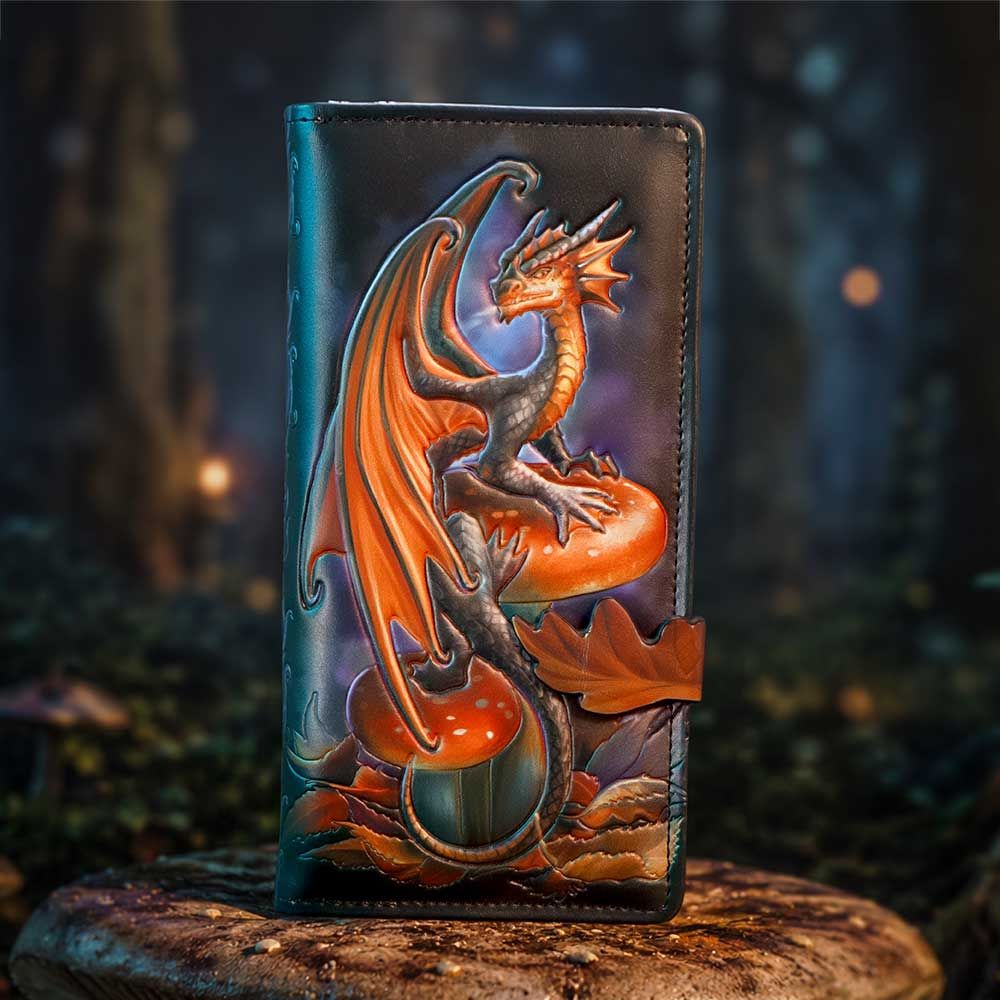 Mushroom Dragon purse by Anne Stokes with embossed dragon artwork displayed