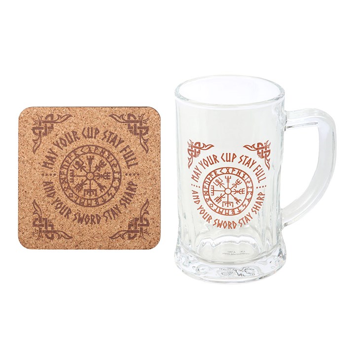 Viking Compass Glass Beer Tankard with Coaster