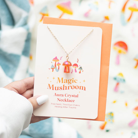 Orange Aura Crystal Mushroom Necklace Greetings Card