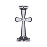 Front view of black and silver Ozzy Osbourne gothic cross candle holder