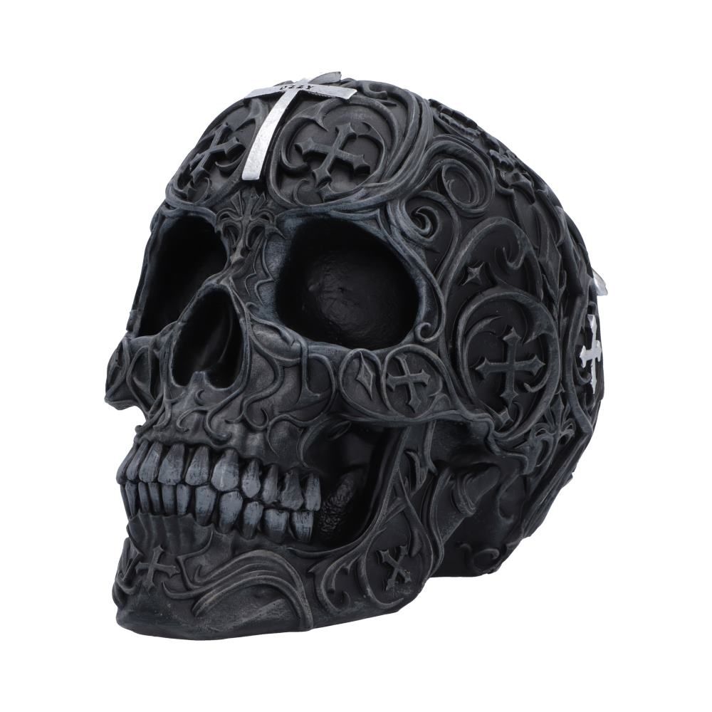 Angled view of black Ozzy Osbourne skull with gothic patterns