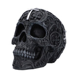 Angled view of black Ozzy Osbourne skull with gothic patterns