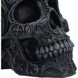 Close-up of sculpted patterns and silver details on Ozzy skull