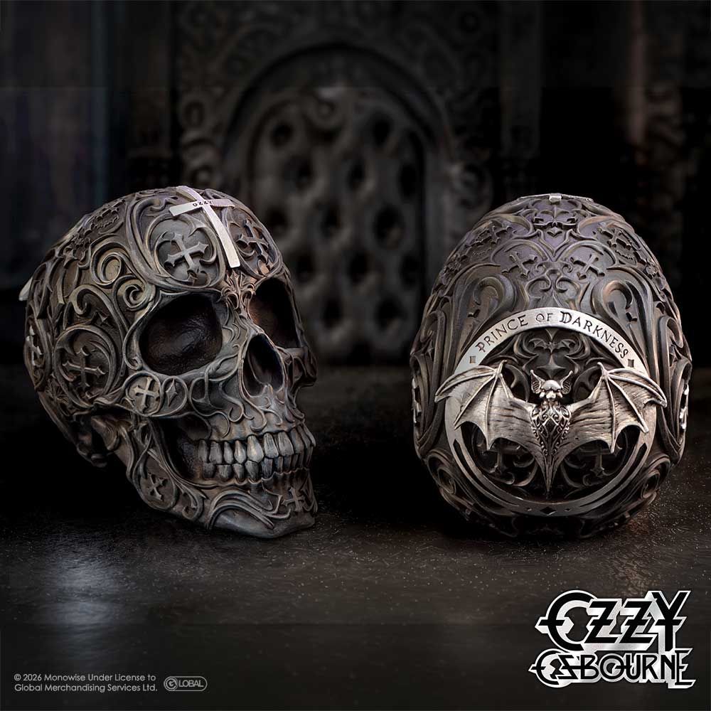 Front and rear views of officially licensed Ozzy Osbourne skull