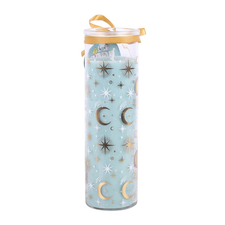Blue celestial candle with moon and star design