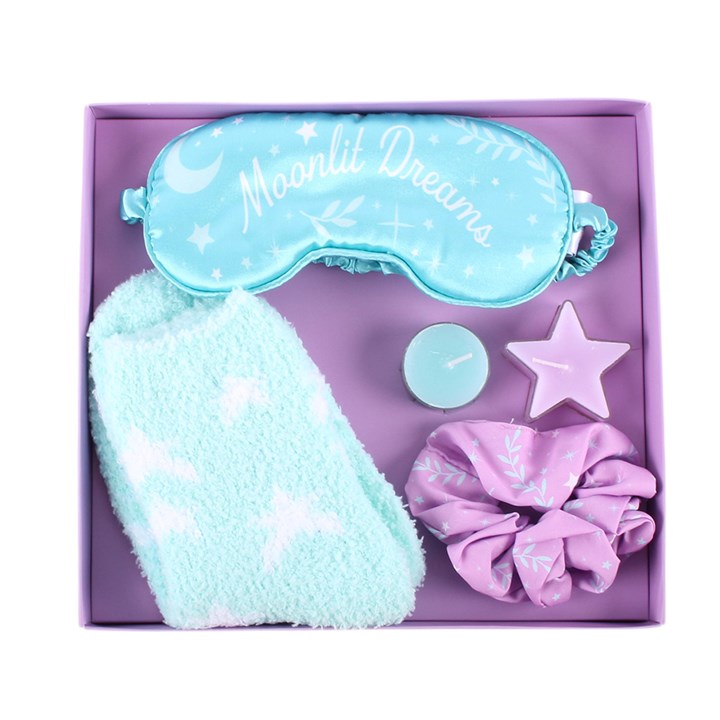 Pastel Skies celestial self care gift set with socks eye mask scrunchie and tealights in gift box