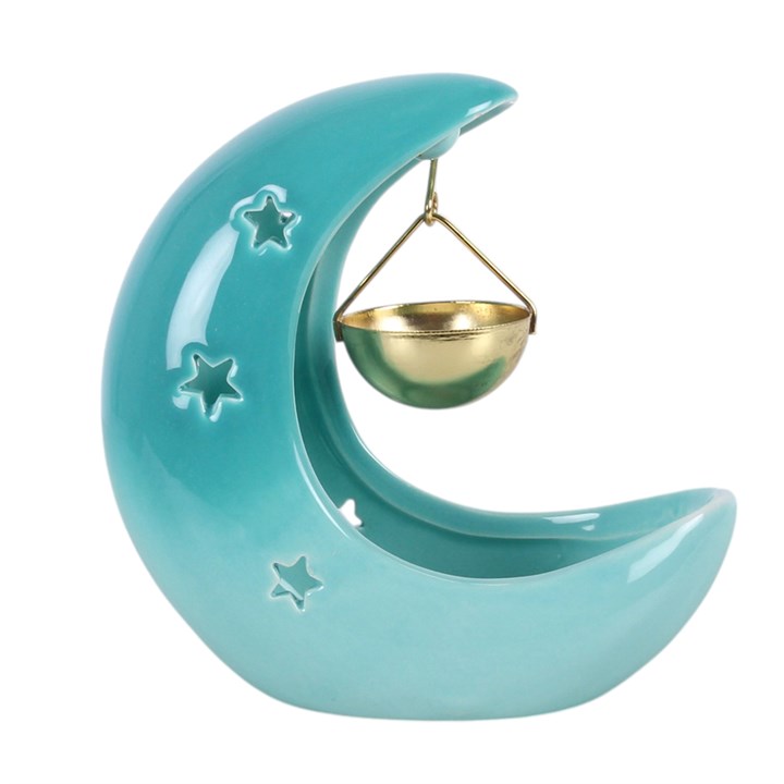 Blue ceramic crescent moon oil burner with star cut-outs