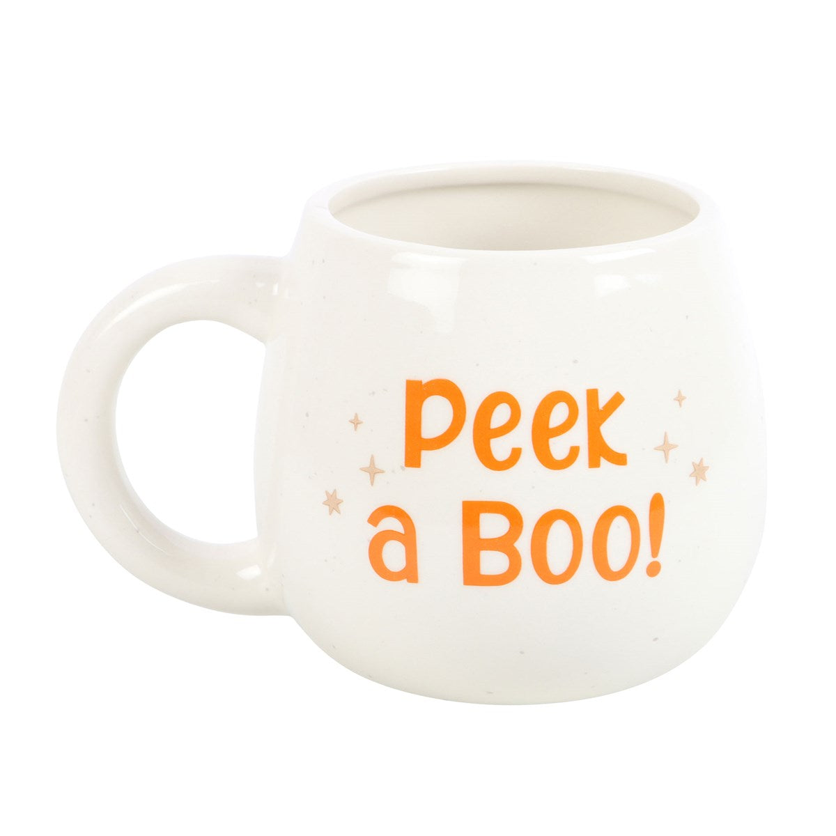 White Halloween mug with orange Peek a Boo design
