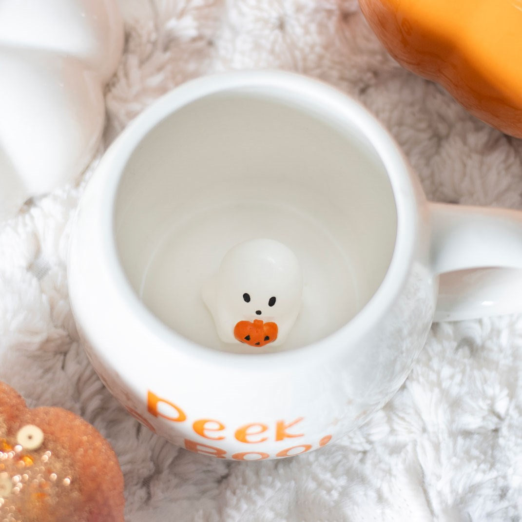 Peek a Boo Halloween mug with hidden ghost