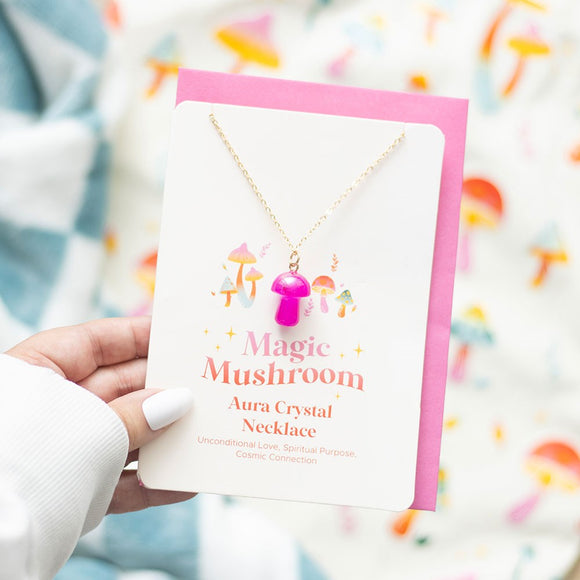 Pink Aura Crystal Mushroom Necklace Greetings Card