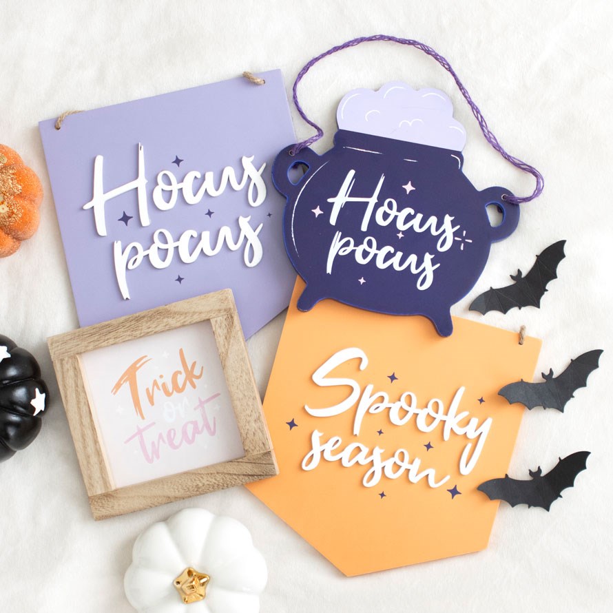 Colourful Halloween signs and seasonal decorations