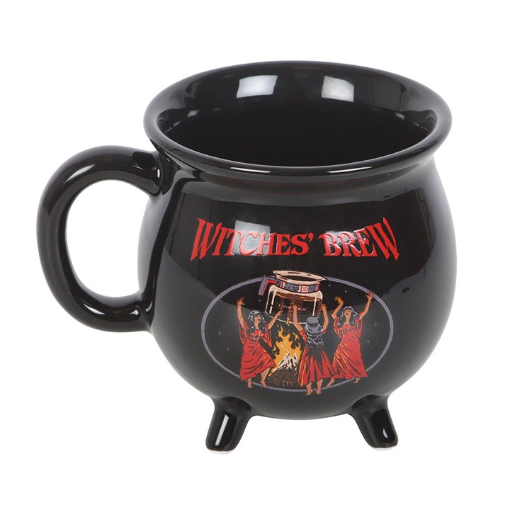 Black mug with 'Witches' Brew' text and graphic on a white background