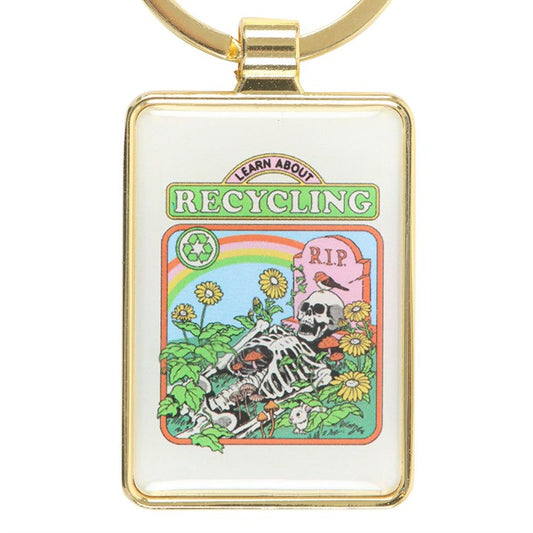 Keychain with a colorful design featuring a skeleton, flowers, and recycling symbol on a white background.