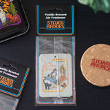 Vanilla scented air freshener in packaging with 'Steven Rhodes' branding on a dark surface.