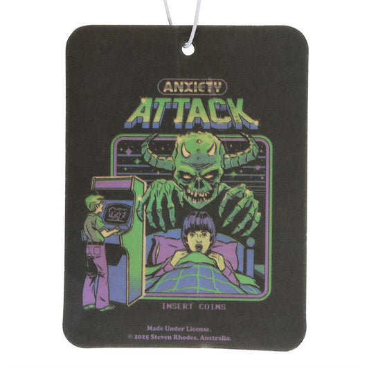 Air freshener with a graphic design of a green monster attacking a person in front of an arcade machine, labeled 'Anxiety Attack'.