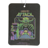Air freshener with a graphic design of a green monster attacking a person in front of an arcade machine, labeled 'Anxiety Attack'.