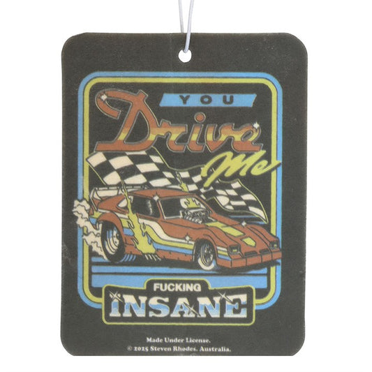 Car air freshener with racing car design and text on a black background