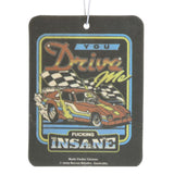 Car air freshener with racing car design and text on a black background