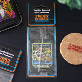 Vanilla scented air freshener packaging with 'Steven Rhodes' branding on a dark surface.
