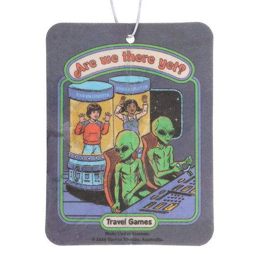 Car air freshener with alien and human design and text 'Are we there yet?' on a white background
