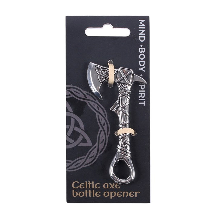 Celtic axe shaped metal bottle opener with knotwork design