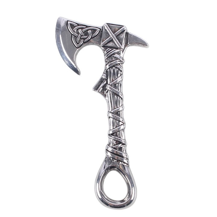 Celtic axe shaped silver coloured metal bottle opener with knotwork design