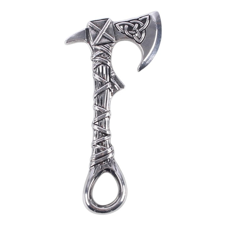 Celtic axe shaped metal bottle opener with knotwork design rear view