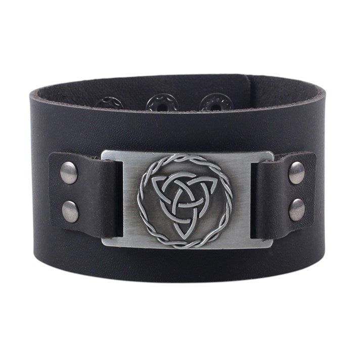 Black leather Celtic triquetra knot cuff bracelet