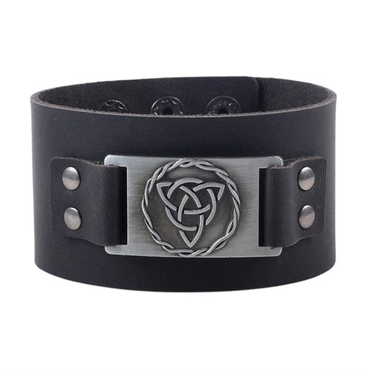 Black leather Celtic triquetra knot cuff bracelet