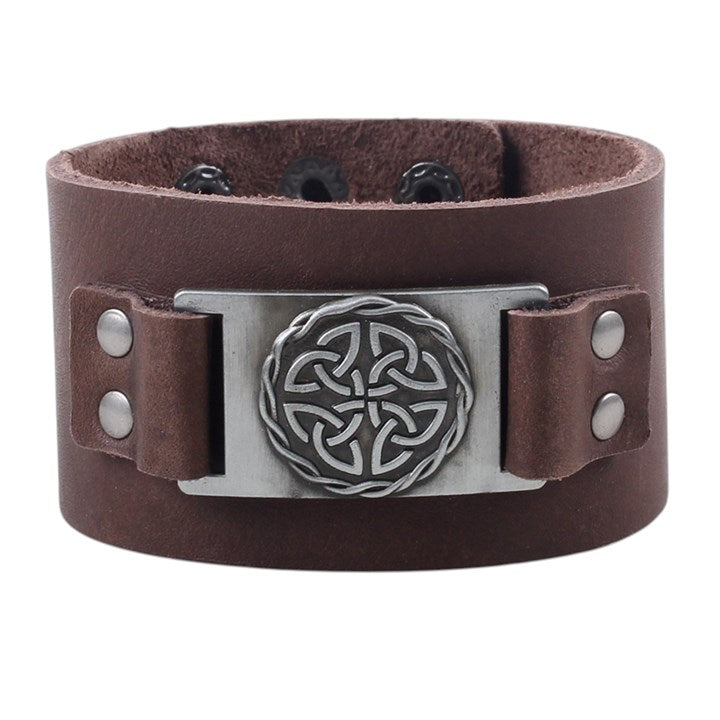 Brown leather Celtic shield knot cuff bracelet