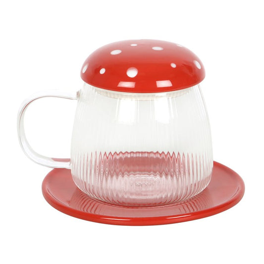 Glass mushroom mug and saucer with red mushroom lid