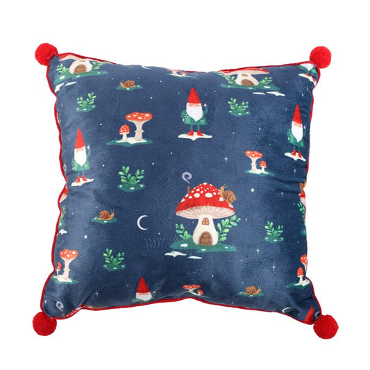 Gnome and mushroom cushion with red pom pom corners