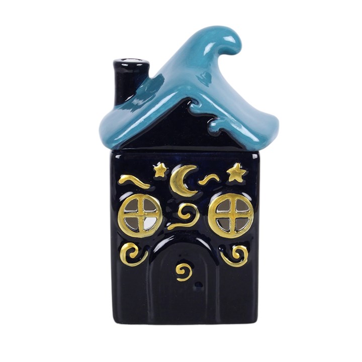 Moonwave Cottage celestial ceramic oil burner with blue wave roof front view