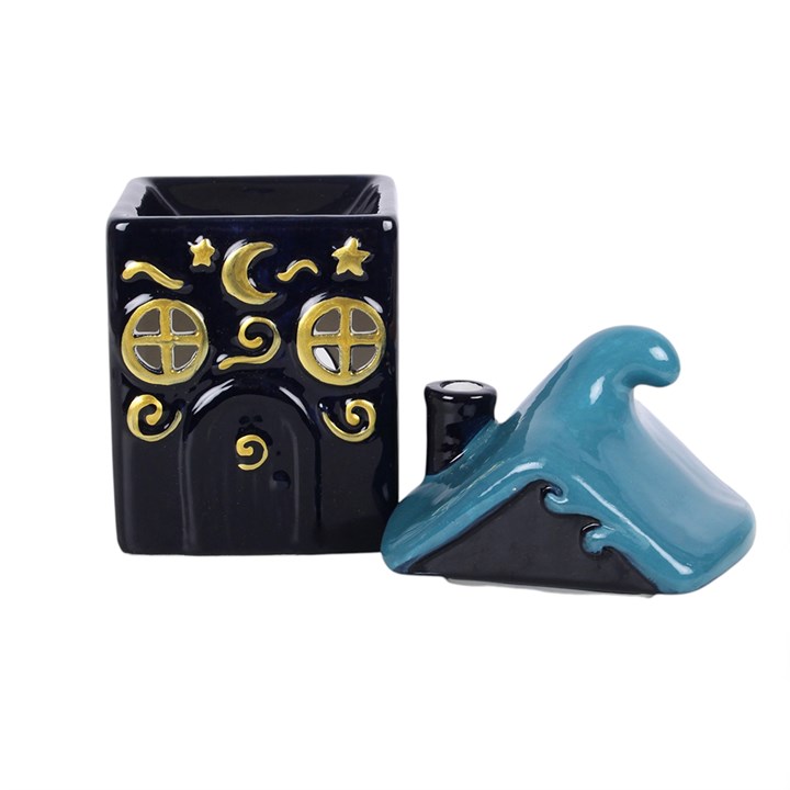 Moonwave Cottage celestial ceramic oil burner with blue wave roof with lid