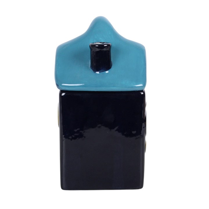 Moonwave Cottage celestial ceramic oil burner with blue wave roof side view