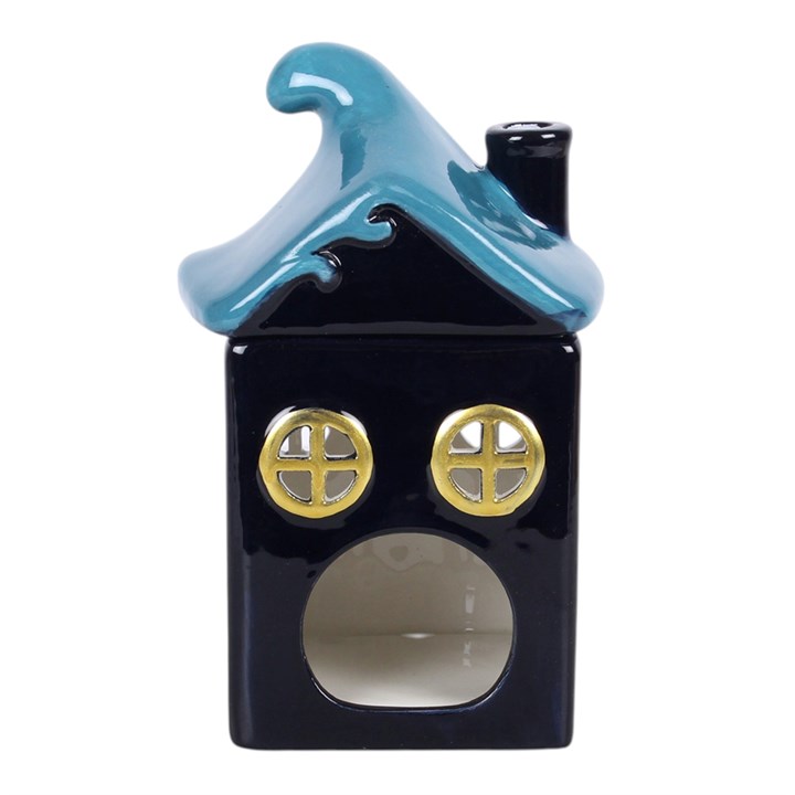 Moonwave Cottage celestial ceramic oil burner with blue wave roof back view