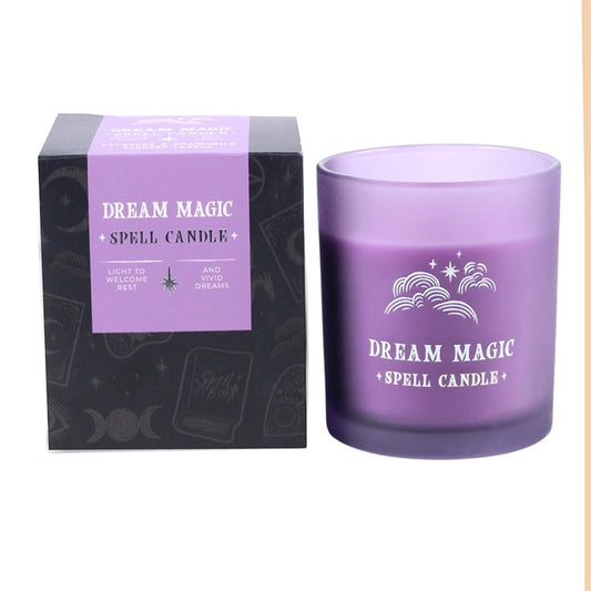 Dream Magic spell candle in purple glass jar with gift box