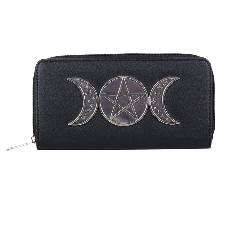 A black zip-around wallet featuring a metallic silver triple moon and pentagram design on the front, shown against a plain white background.