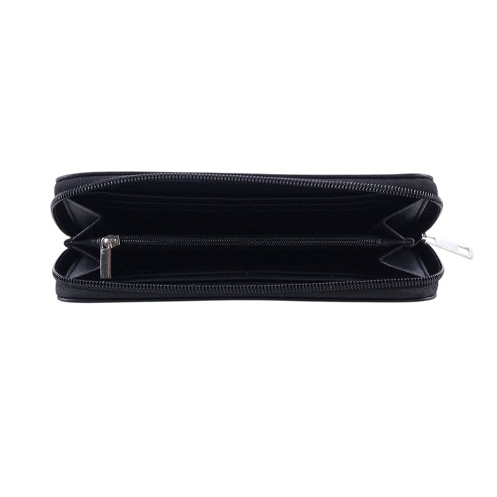 A black zip-around wallet shown open from the front, displaying its interior compartments and silver-tone zipper pulls against a plain white background.