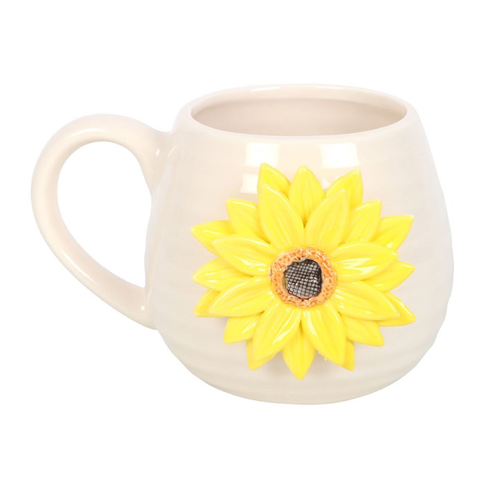 Rounded white mug with yellow 3D sunflower