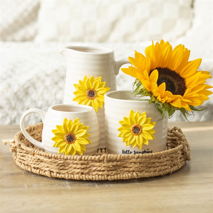 Sunflower mug collection with matching floral accessories